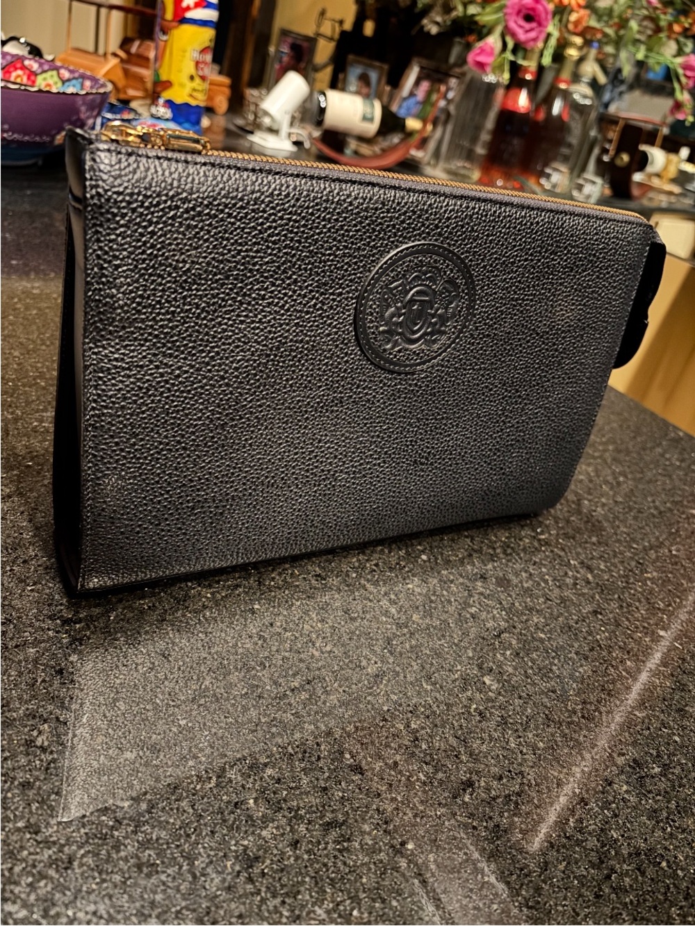 a. testoni Black Pebbled Leather Zip Pouch with Embossed Logo